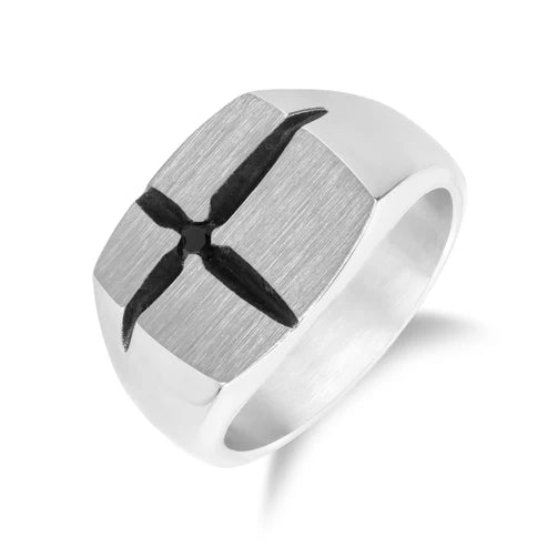 Bague A.R.Z. steel chevalière en acier inoxydable avec croix noir